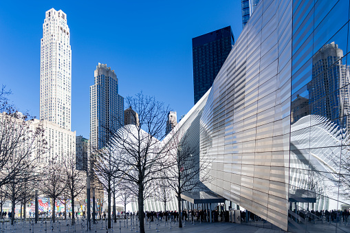 Wall Street, Manhattan, New York, USA - March, 2024. The Oculus building in Wall Street from outside the transport hub.