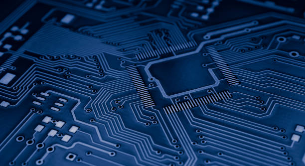 istock dark blue printed circuit. layout of tracks. 2114766424