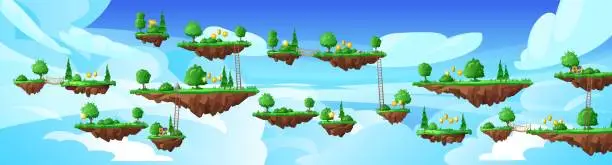 Vector illustration of Game world with Level platforms, summer forest land islands floating in the sky, vector fantasy reward coins, chest, key