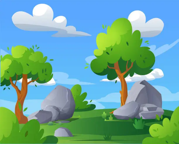 Vector illustration of Nature forest landscape with stone rocks, big cobblestones on the lawn, grey boulders, green trees bushes vector cartoon