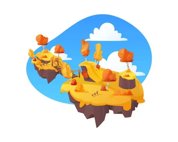 Vector illustration of Fantasy game two level platforms with bridge, floating autumn forest land island in the sky, vector cartoon ground stage
