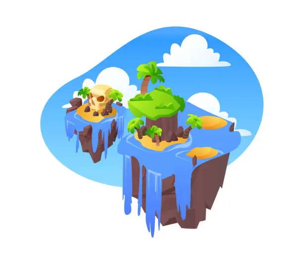 Vector illustration of Fantasy two tropical islands with cliff, waterfall, beach, palms and skull cave floating in the sky vector game platform
