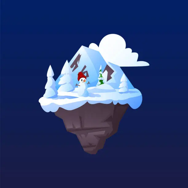 Vector illustration of Fantasy frozen forest land island with creepy snowman floating in the sky, vector cartoon level platform gui game asset