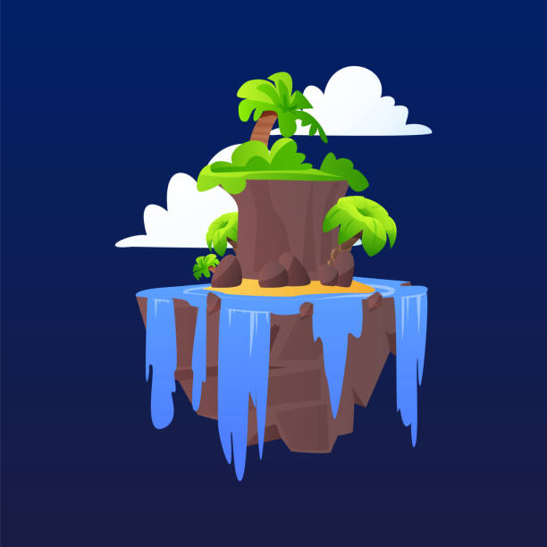 Fantasy tropical island with cliff and waterfall floating in the sky, vector cartoon game platform with beach palm trees Fantasy tropical island with cliff and waterfall floating in the sky vector illustration. Cartoon game level ground platform. Magical rock stage with beach and palm trees in summer gui asset fantasy island waterfall stock illustrations