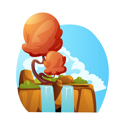Fantasy tree with a curved trunk and orange leaves on the edge of a cliff with a waterfall. In the background is a sky filled with clouds. Magic nature vector design isolated for creativity.