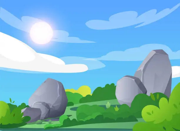 Vector illustration of Bright colorful landscape with huge stones flat style