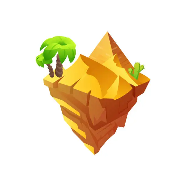 Vector illustration of Flying deserted island with pyramid and cactus flat style