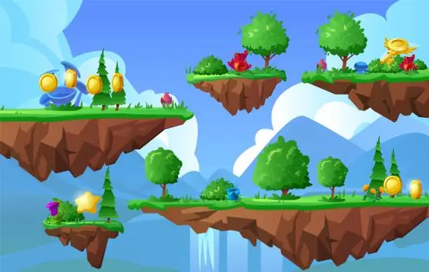 Vector illustration of Game world with level platforms, floating forest land island, magical flowers and mushrooms, vector game reward trophies