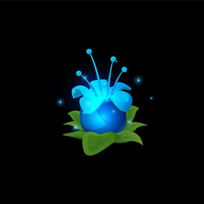Blue glowing magic flower. Cartoon beautiful sparkling blossom bellflower bud with leaves. Fairy floral gui design element, game plant vector illustration isolated on black