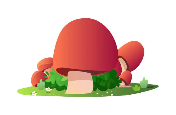 Vector illustration of Stylized mushrooms on a green patch vector illustration