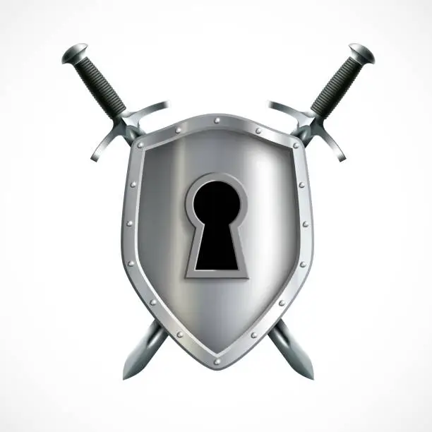 Vector illustration of Metal shield with a keyhole and swords