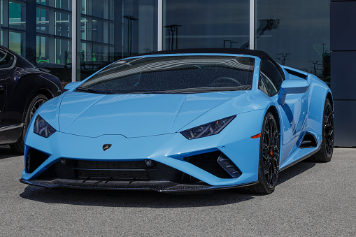 Indianapolis - March 24, 2024: Lamborghini Huracan EVO Base display at a dealership. Lamborghini offers the Huracan EVO with a 5.2L V10 engine. MY:2022