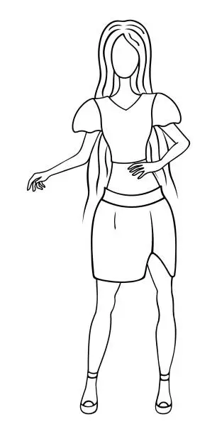 Vector illustration of A young woman in a blouse with bell sleeves and a short tulip skirt with a slit at the hip. Sketch.