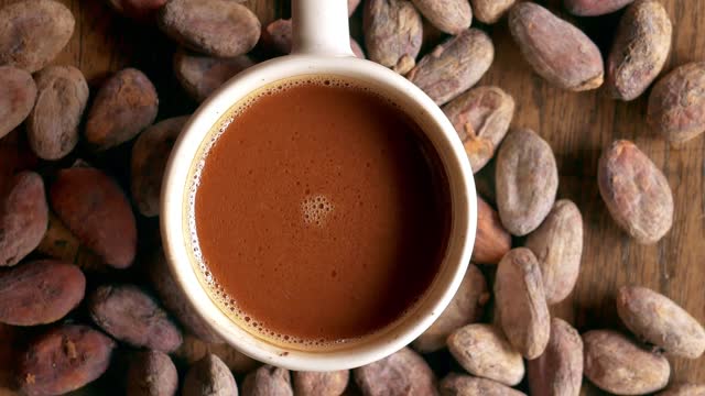 Top view of hot chocolate drink, cocoa drink and natural cocoa powder with brown cocoa beans and dry cacao pod  on a vintage wooden table.