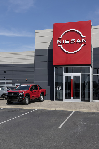 Indianapolis - March 24, 2024: Nissan Frontier SV Crew Cab display. Nissan offers the Frontier in S, SV, PRO-X, PRO-4X, and Midnight Edition. MY:2024