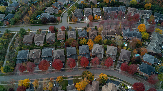 An aerial view of colorful Suburban Streets in the fall