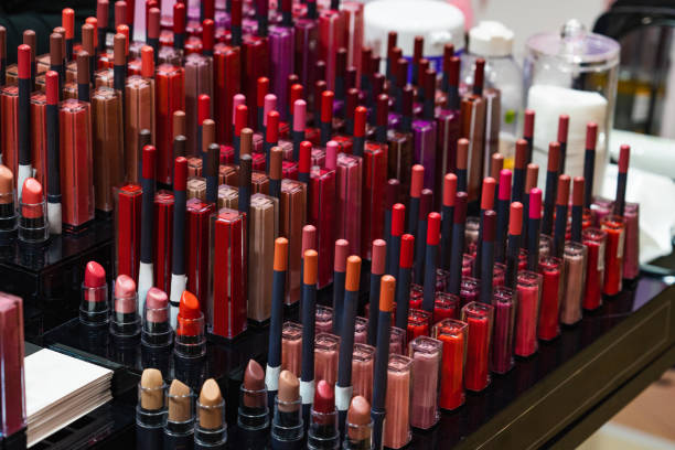 Set of lipsticks in a cosmetics store