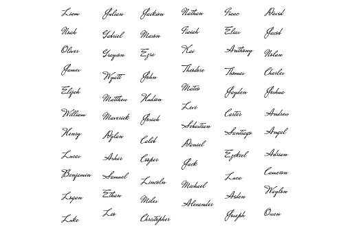 A set of fictitious autographs, a handwritten fake signature. Isolated on a transparent background, vector illustration. American male names