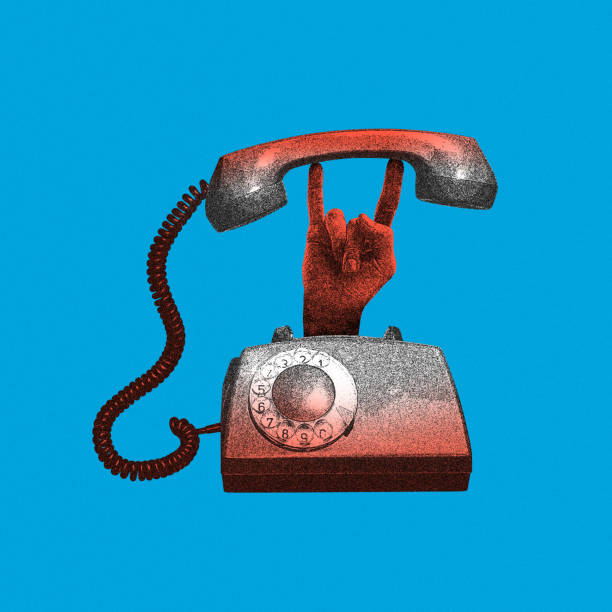 istock Red rotary phone with hand c showing rock and roll gesture against blue background. Grainy effect. Contemporary art collage. 2114814583