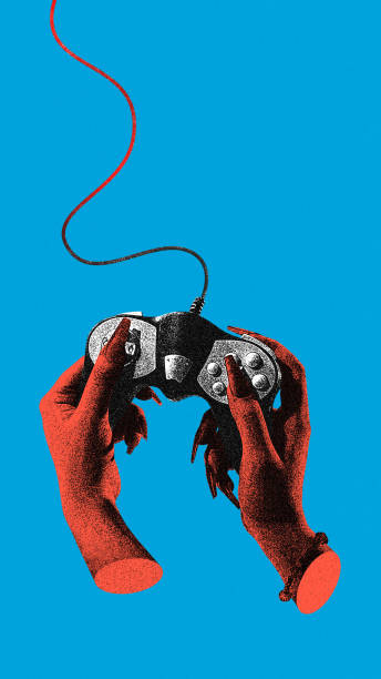 istock Female hands using game controller over blue background. Online video games, leisure time, Grainy effect. Contemporary art collage. 2114814594