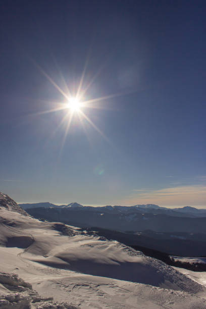 Clear sky and sun over the snow capped mountains and woods in winter