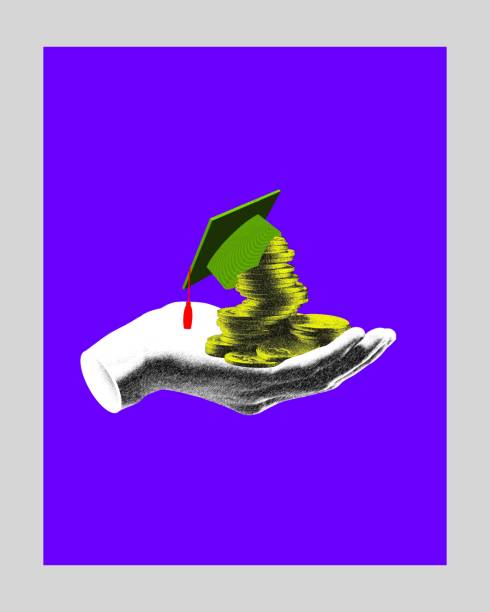 istock Investment in knowledge, student loan and scholarship. Grainy hand holding stack with coins and graduation cap on top. Contemporary art collage. 2114831400