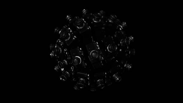 istock Camera lens sphere array old vintage retro film black white photography background 2114838196