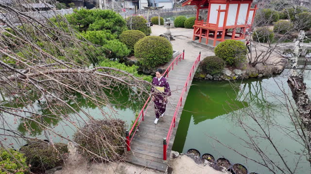 Woman in kimono crossing bridge in shrine