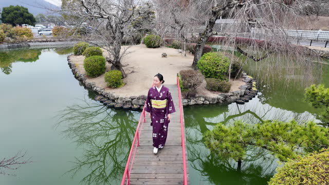 Woman in kimono walking in shrine - part 1 of 6