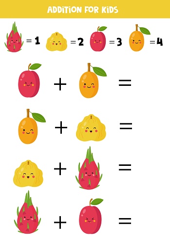 Addition with different cute kawaii fruits. Educational math game for kids.