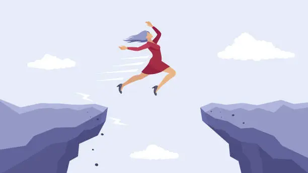 Vector illustration of A businesswoman Leaps Across the Ravine.