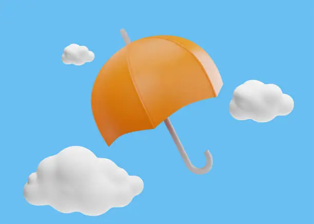 Vector illustration of Flying orange umbrella and clouds on blue sky, 3D vector cartoon weather forecast icon, insurance protection or safety