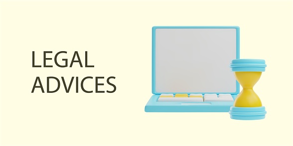Legal services concept with a minimalist laptop and hourglass. Vector illustration for time-sensitive legal assistance, online consulting or law-related websites.