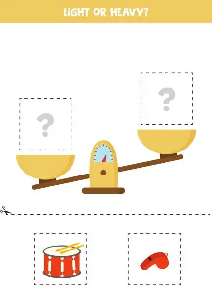 Vector illustration of Light, heavy or equal. Cut pictures below and glue to the right box.