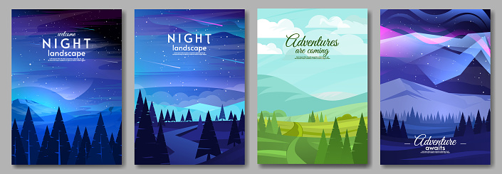 Set of vector illustrations. Flat style illustration. Design for poster, postcard, brochure. Landscape with mountains, river and forest.