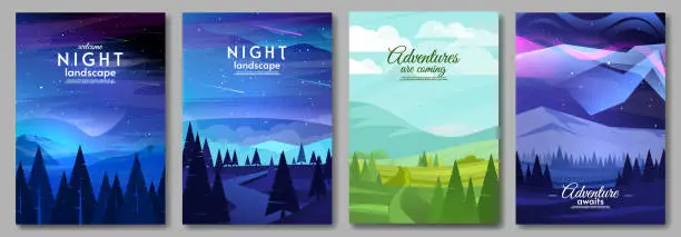 Vector illustration of Set of vector illustrations. Flat style illustration. Design for poster, postcard, brochure. Landscape with mountains, river and forest.