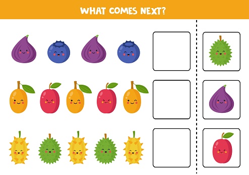 What comes next game with cute cartoon fruits. Educational logical game for kids.