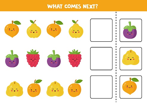 What comes next game with cute cartoon fruits. Educational logical game for kids.