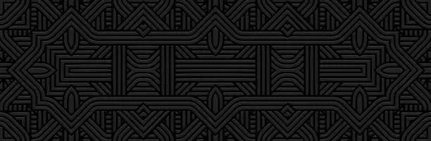 Vector illustration of Banner. Relief geometric stylish 3D pattern, ornamental figures with lines on a black background. Tribal cover design in the ethnic traditions of the East, Asia, India, Mexico, Aztec.