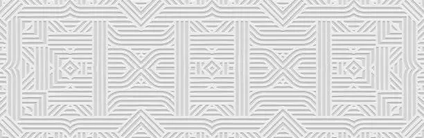 Vector illustration of Banner. Relief geometric original 3D pattern, ornamental figures with lines on a white background. Tribal cover design in the ethnic traditions of the East, Asia, India, Mexico, Aztec.