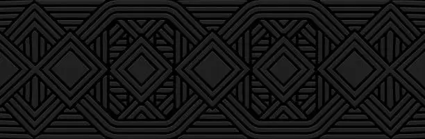 Vector illustration of Banner. Relief geometric artistic 3D pattern, ornamental figures with lines on a black background. Tribal cover design in the ethnic traditions of the East, Asia, India, Mexico, Aztec.