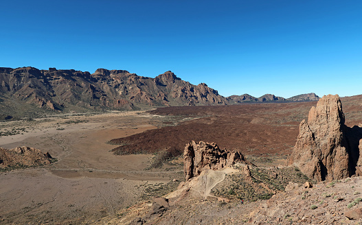 Tenerife, Canary Islands, Spain, February 23, 2024. Mount Teide volcanic national park. View of the caldera from Roques de Garcia. Alien moon like landscape. Outdoors on a sunny winter day
