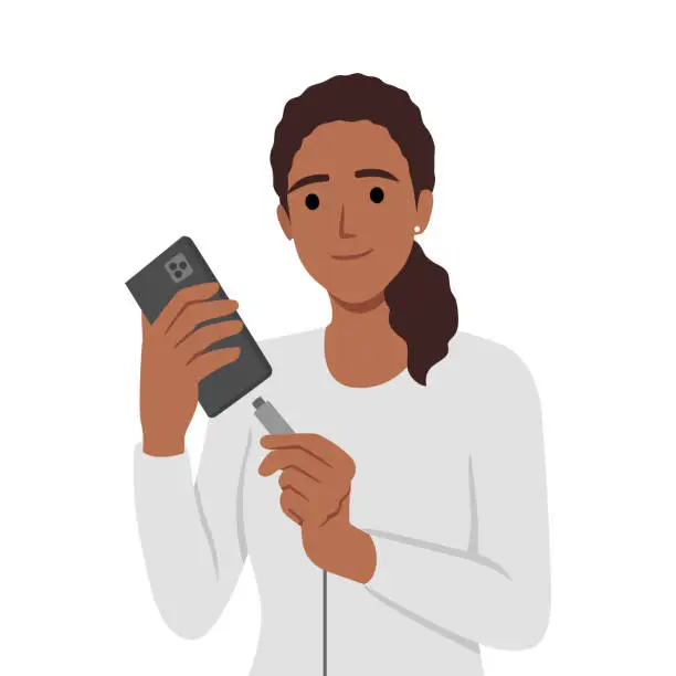 Vector illustration of Woman holding smartphone uses cable to charge battery after seeing red indicator of dead accumulator.
