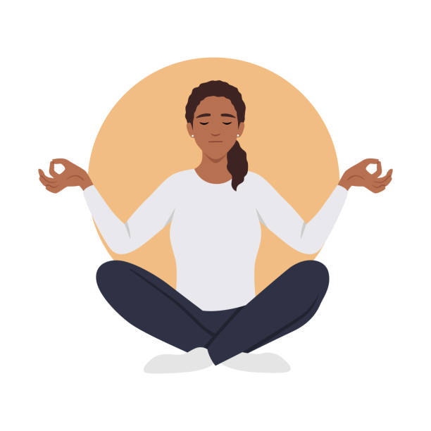 женщина, практикующая медитацию осознанности. - yoga women emotional stress praying stock illustrations