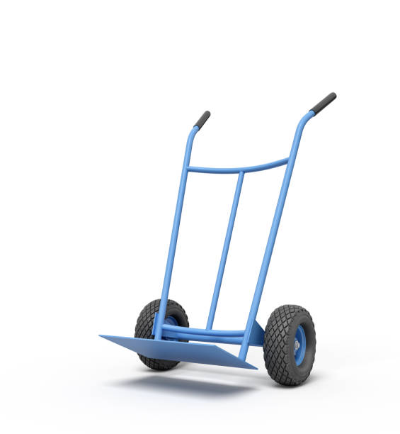 istock 3d rendering of blue empty hand truck standing upright in half-turn. 2114884007