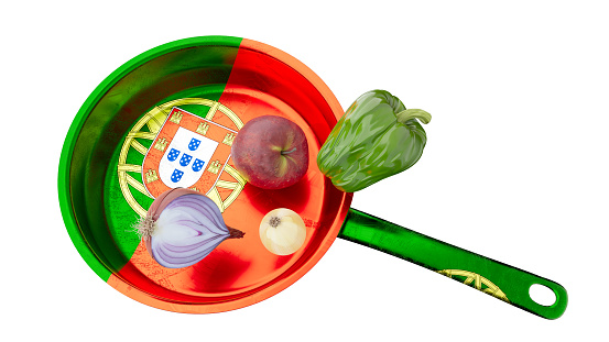 Dynamic composition of a kitchen pan featuring the flag of Portugal, complete with an array of raw vegetables.