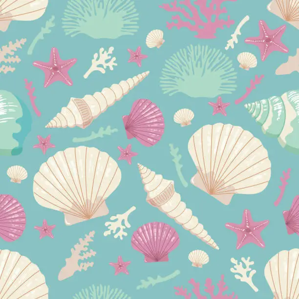 Vector illustration of Seamless pattern of sea shells and corals.