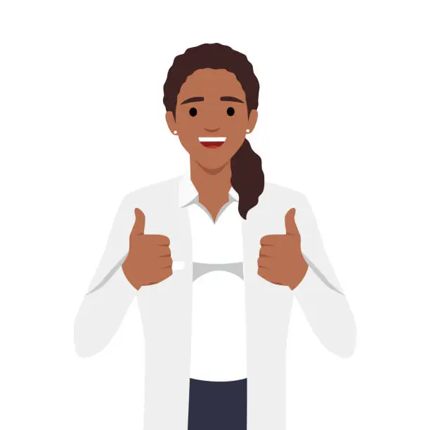 Vector illustration of Young doctor in a medical coat shows gesture thumbs up two hands
