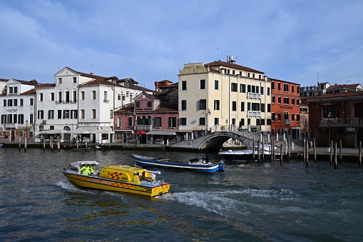 Venice, Italy, march 11, 2024 : Ambulance sailing on the Grand Canal in Venice