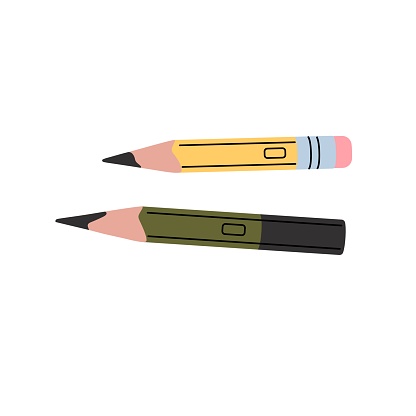 Small stubs of graphite pencils. Drawing tools, drafting instrument with lead, eraser. School stationery, office supplies for sketching. Flat isolated vector illustration on white background.